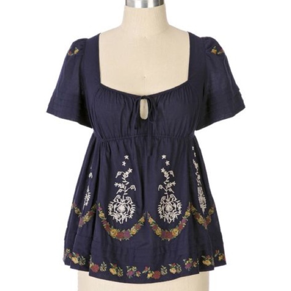 Anthropologie Lithe Dark Blue Embroidered Blouse